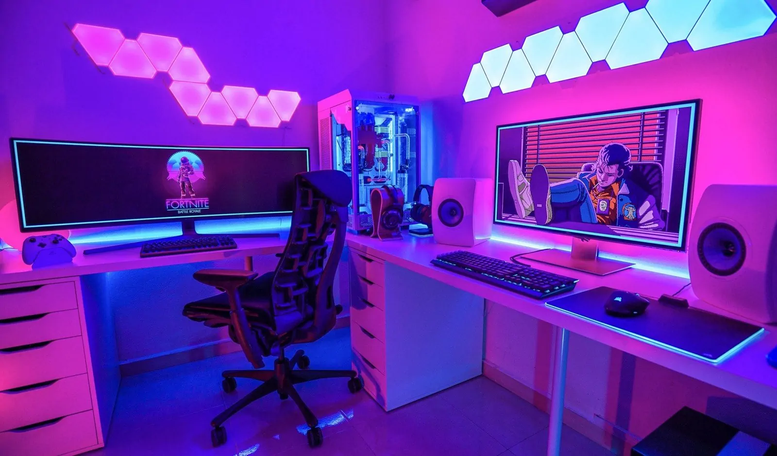 L-shaped desk with dual monitors