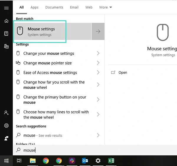 start menu mouse settings