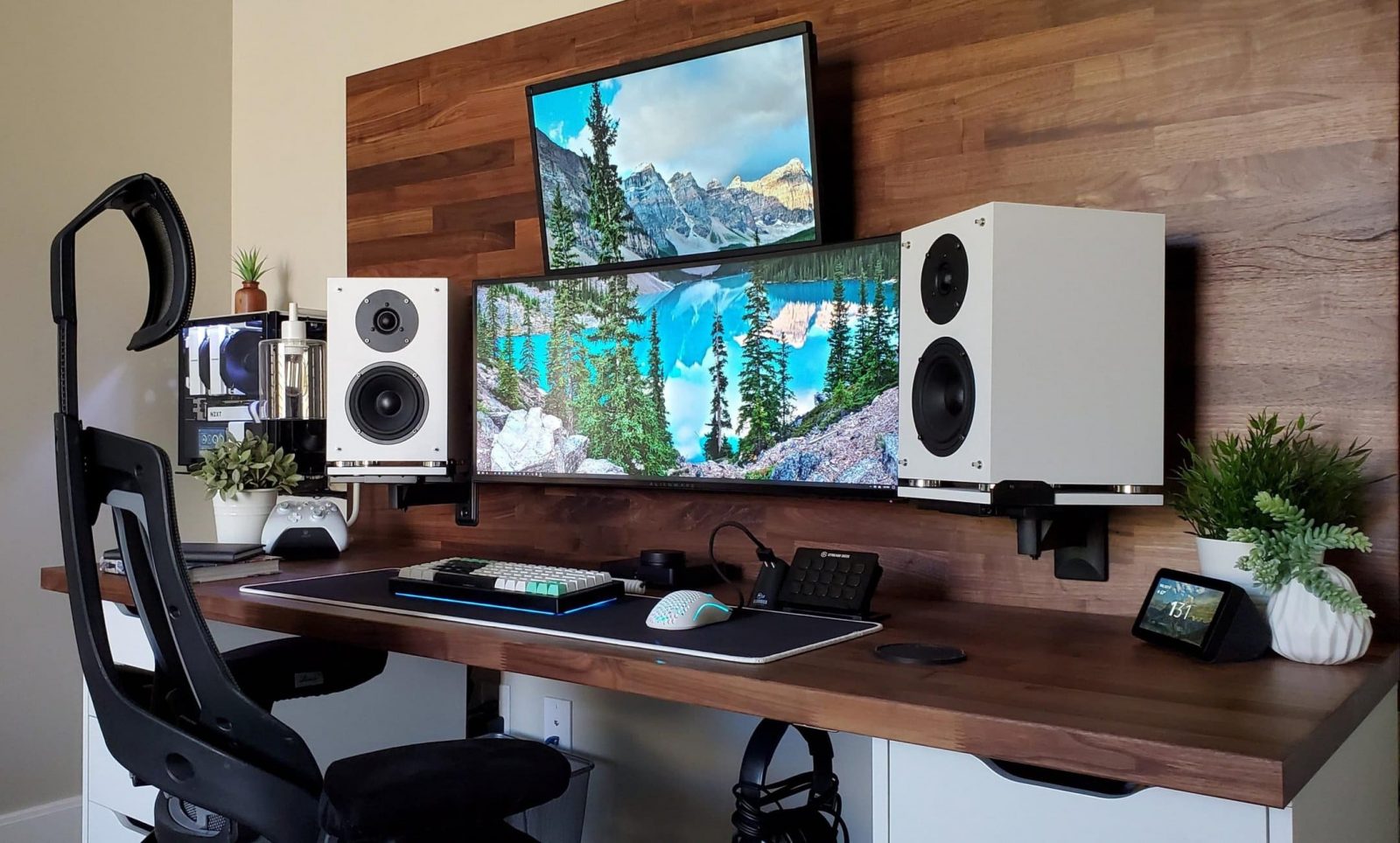 Desk setup with speakers