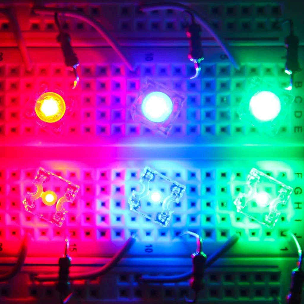 Red, green, and blue LED lights side-by-side
