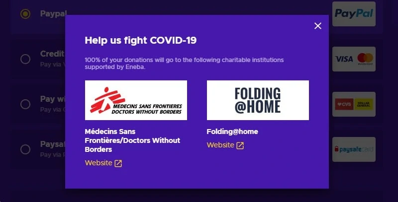 Eneba Covid-19 charity donation options