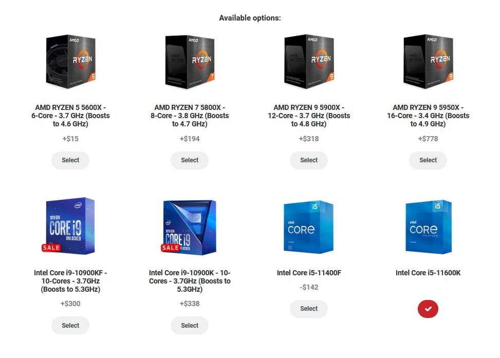 Maingear's CPU selection