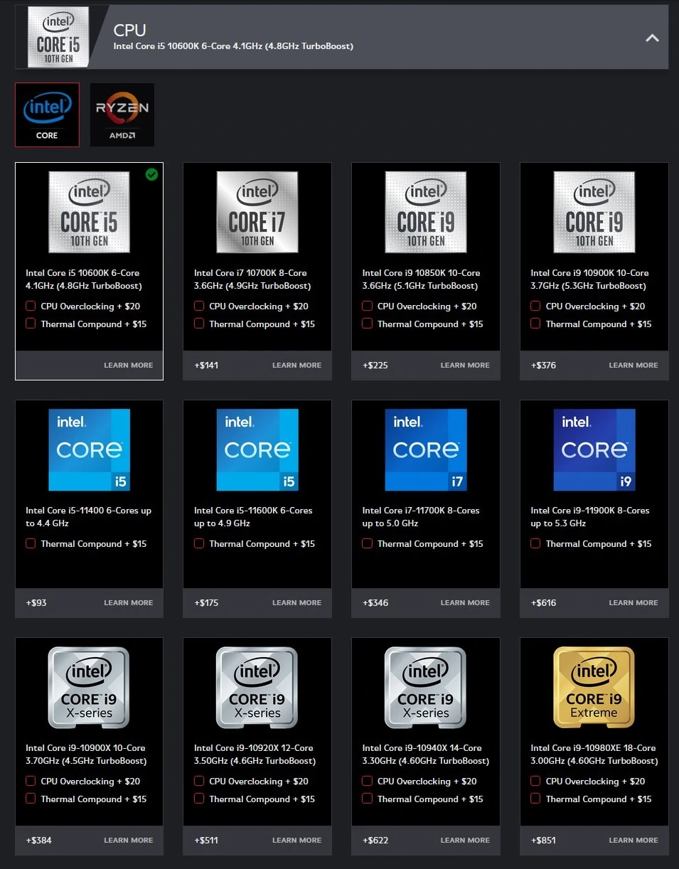 Origin PC CPU selection
