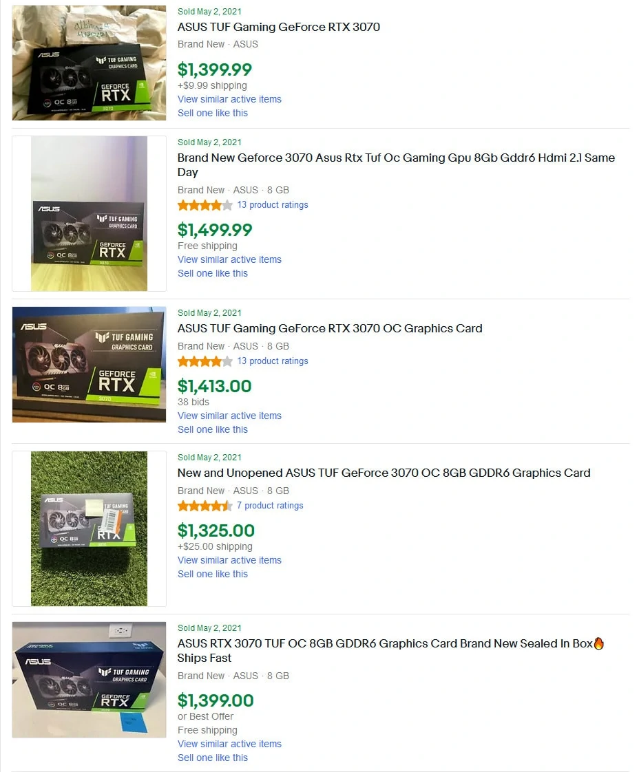 eBay listings for 3070 GPUs