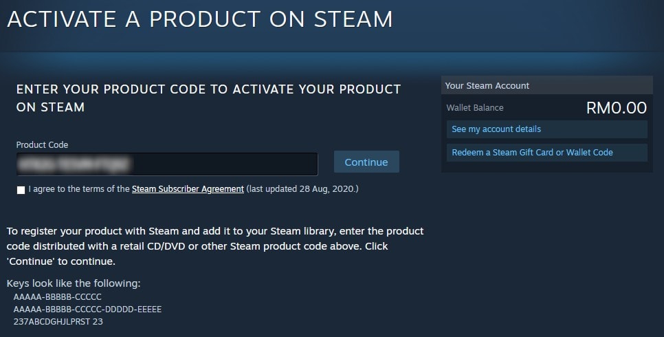 steam product activation screen