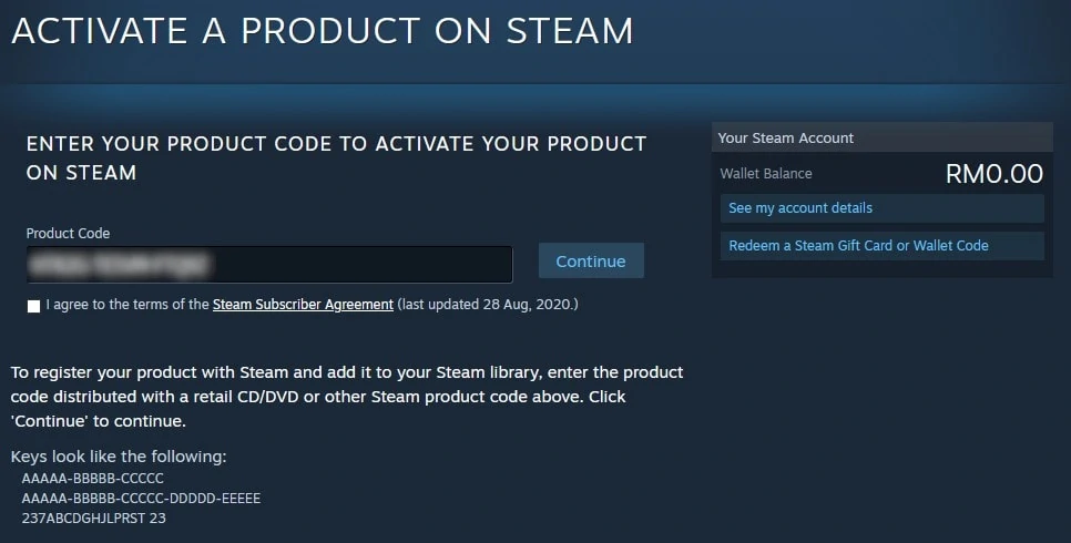 steam product activation screen