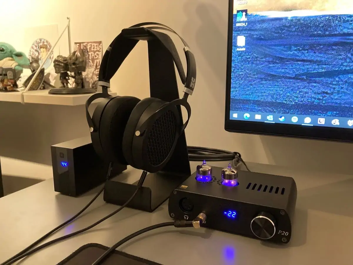 Headphones connected to a DAC and amp