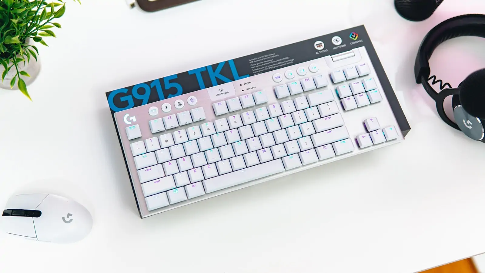 The Logitech G915 TKL, our pick for best white gaming keyboard