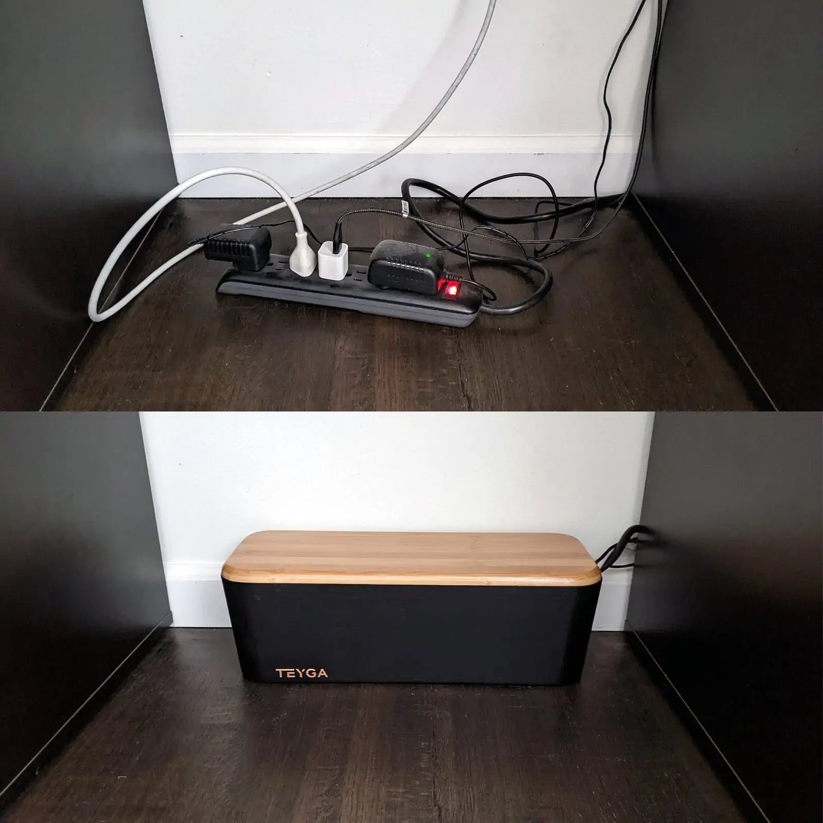 before & after using a cable management box