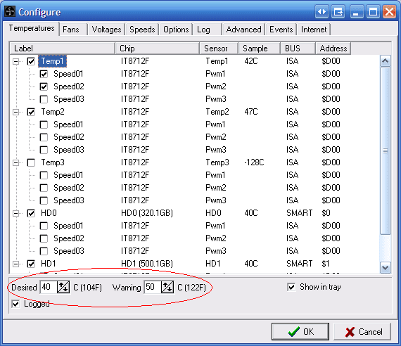 SpeedFan configuration menu