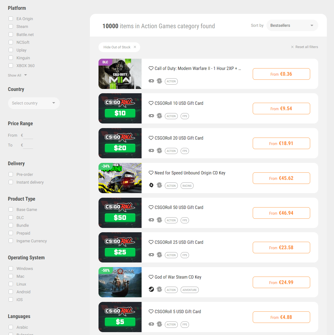 Kinguin product listings