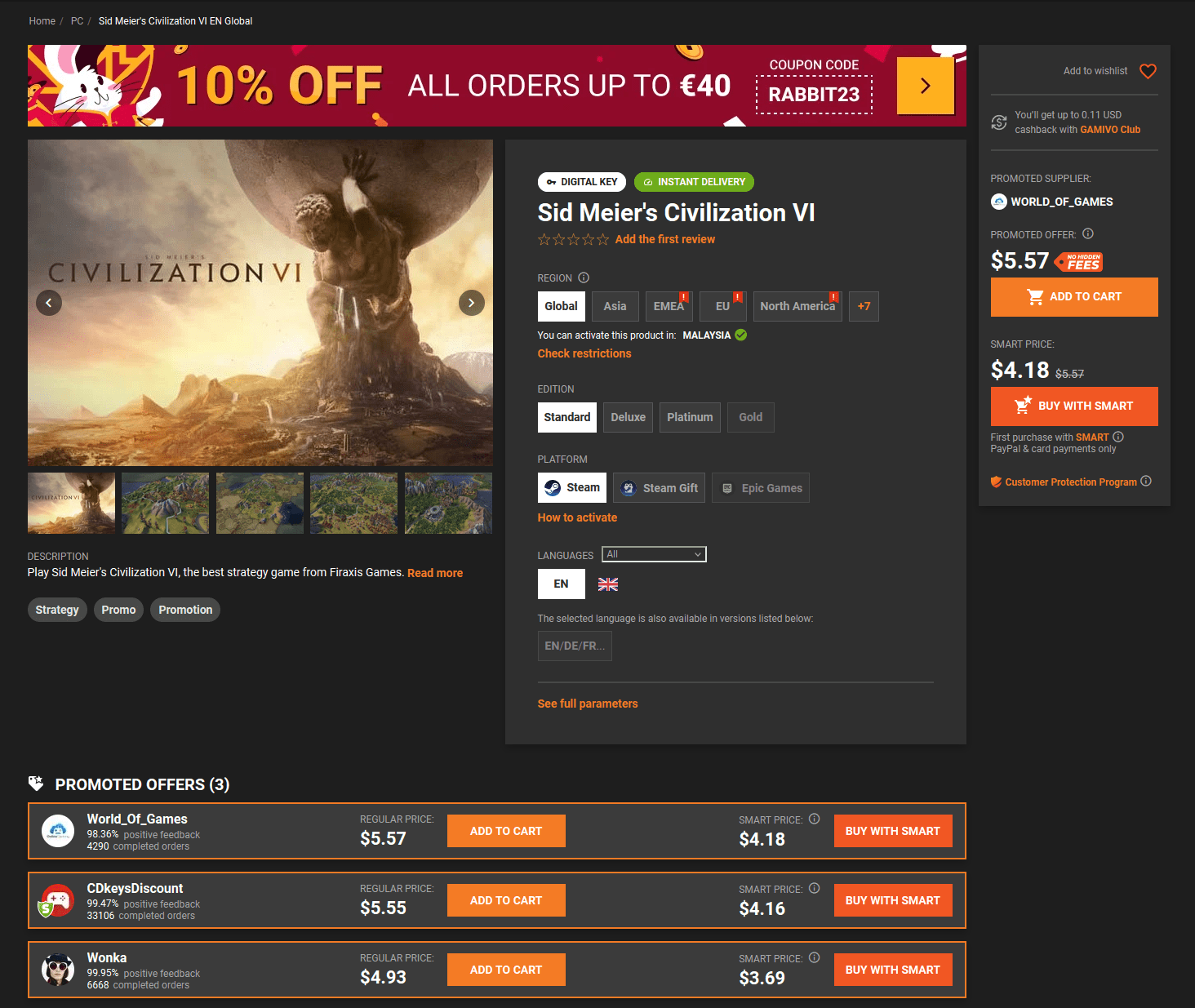 Gamivo product page for Sid Meier's Civilization VI