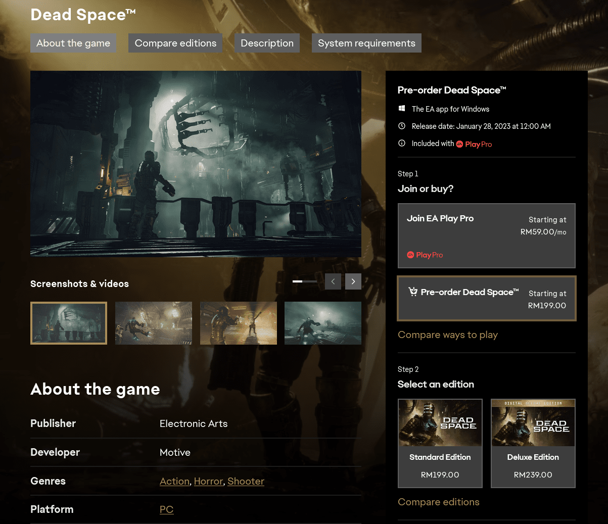 EA store product page for Dead Space Remake