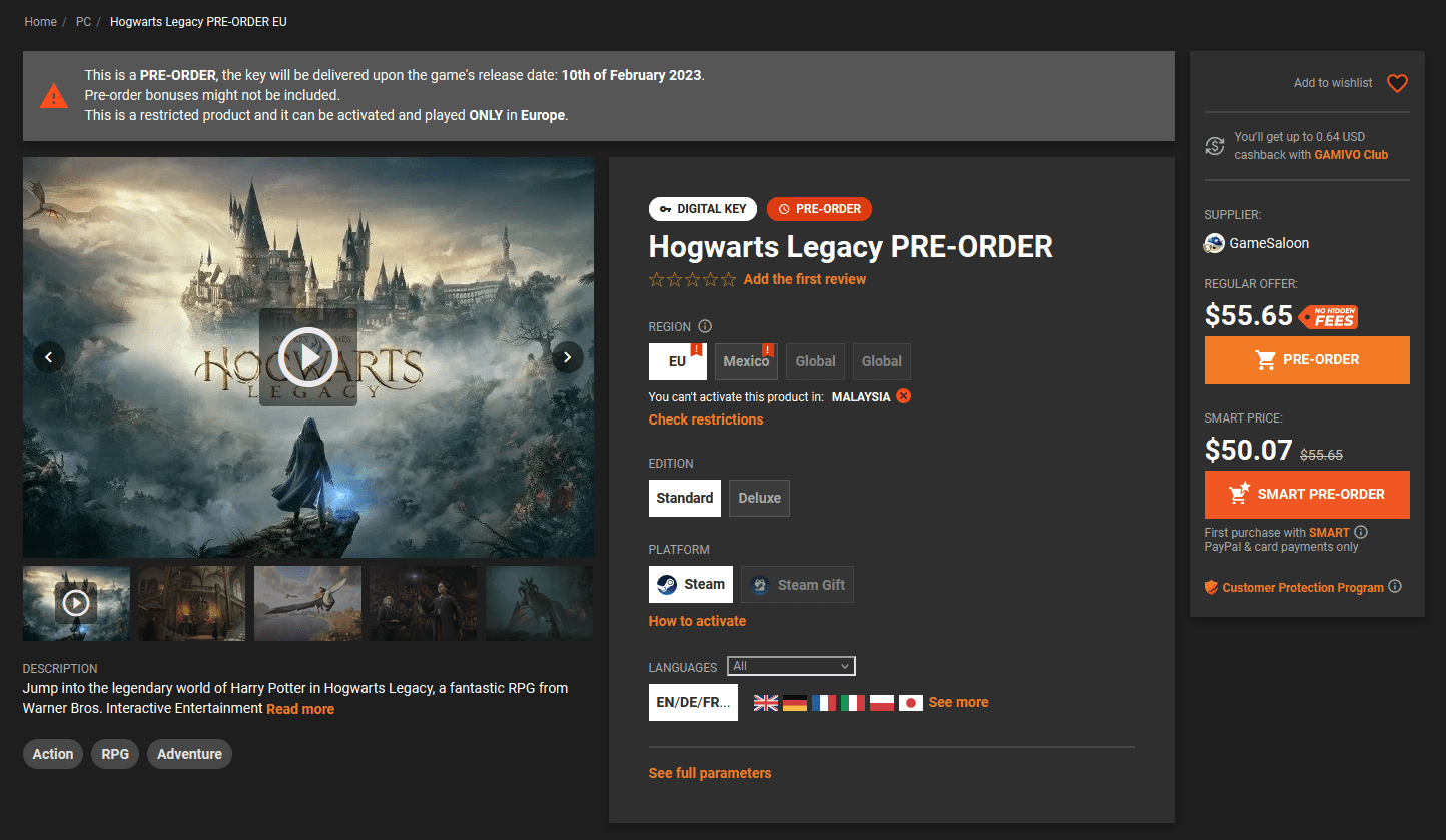 Gamivo product page for Hogwarts Legacy