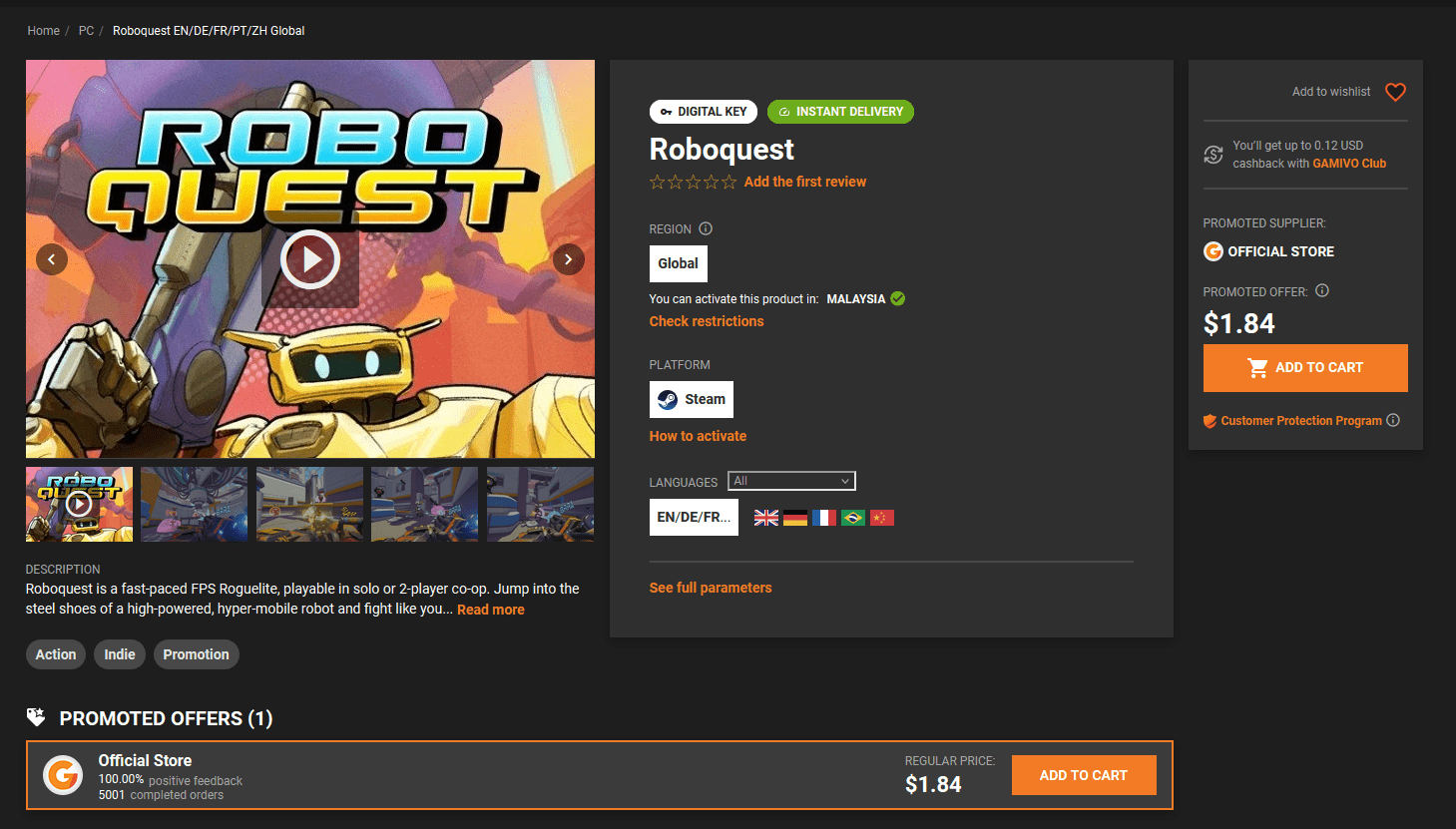 Gamivo product page for RoboQuest