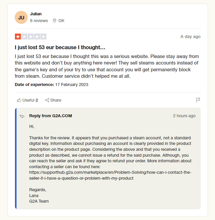 Trustpilot G2A Negative Review