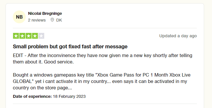 Trustpilot G2A Positive Review